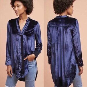 Anthropologie Maeve Blue Velvet Tie-Neck Button-down Tunic Sz US 2 Elegant